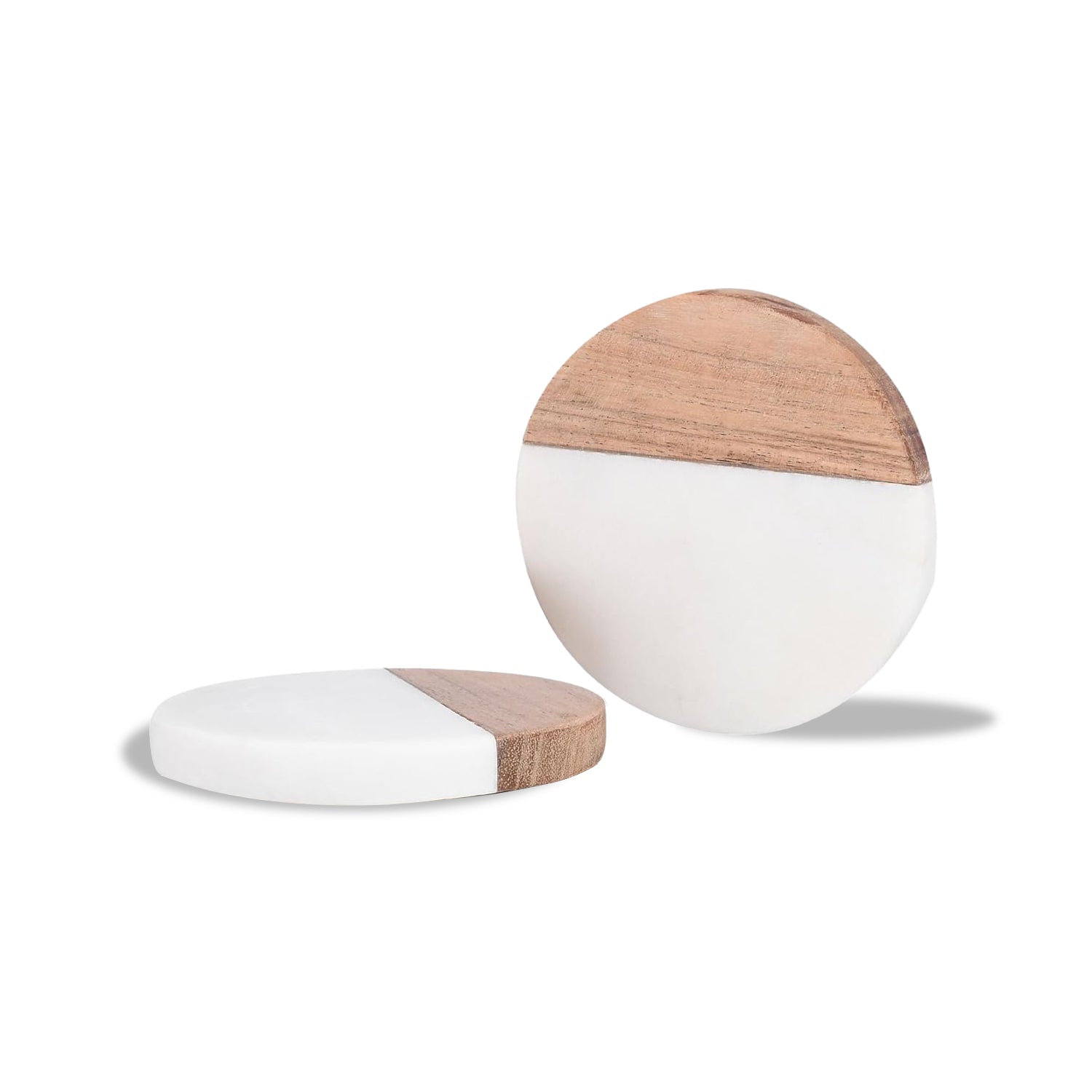 White Marble & Wooden Coaster - Set of 2