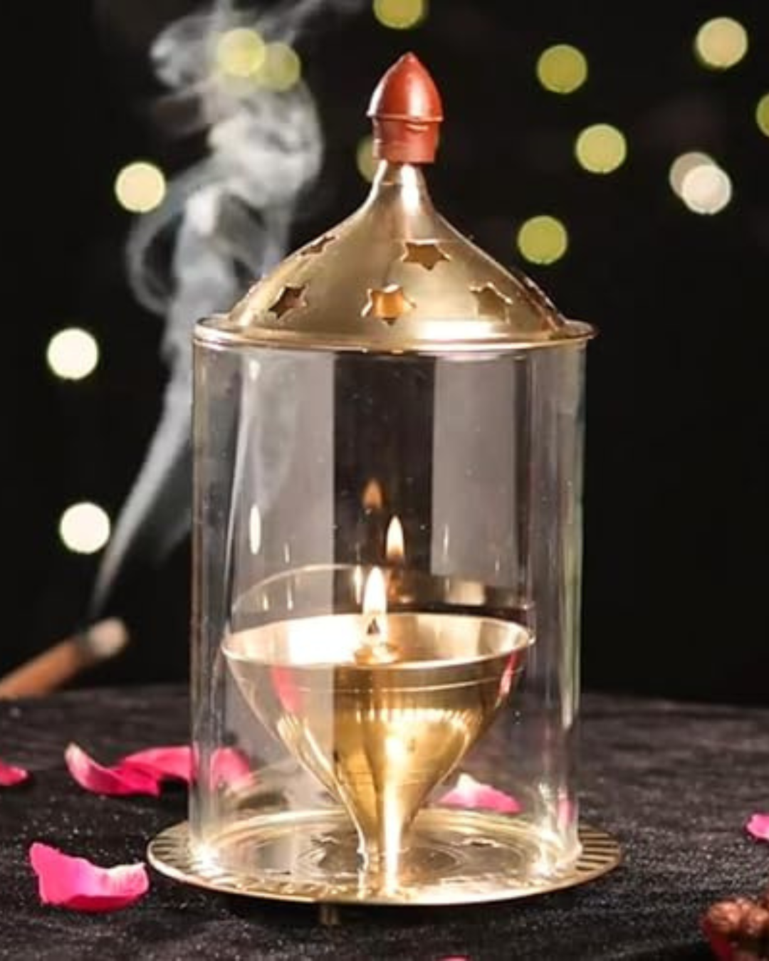 Brass Akhand Diya with Borosilate Glass (6.7 Inches,17 Cms )