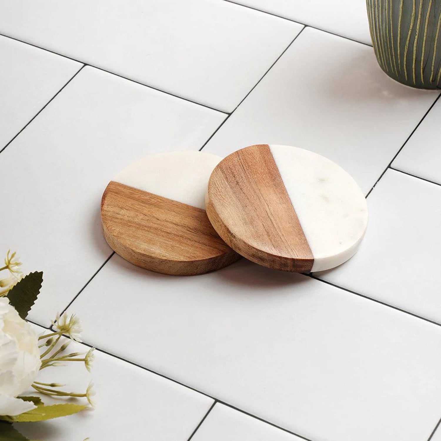 White Marble & Wooden Coaster - Set of 2