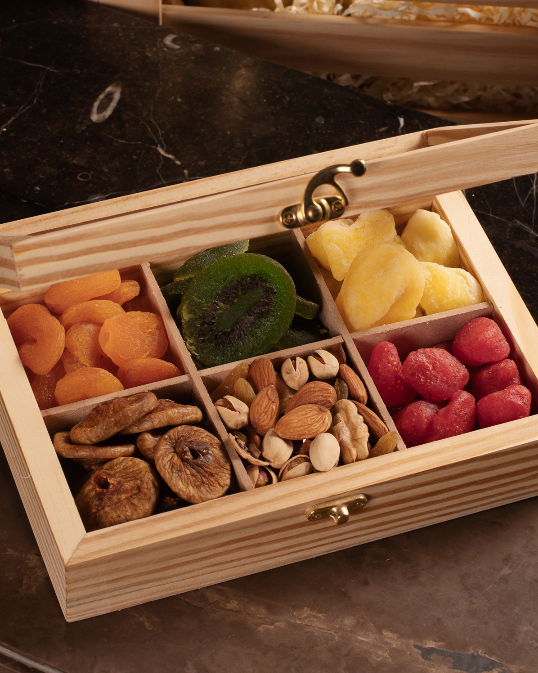 Wooden Box With Mix Dry Fruits & Nuts - 30x20x5cm (Approx 80 Gms Each)