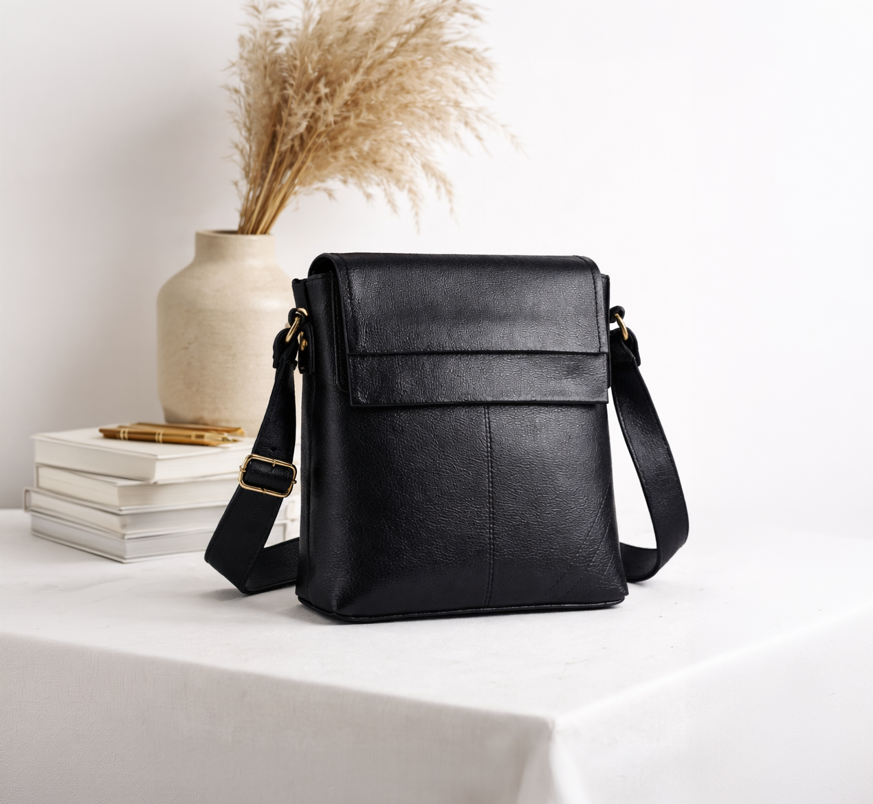 Classic Black Leather Office Sling Bag