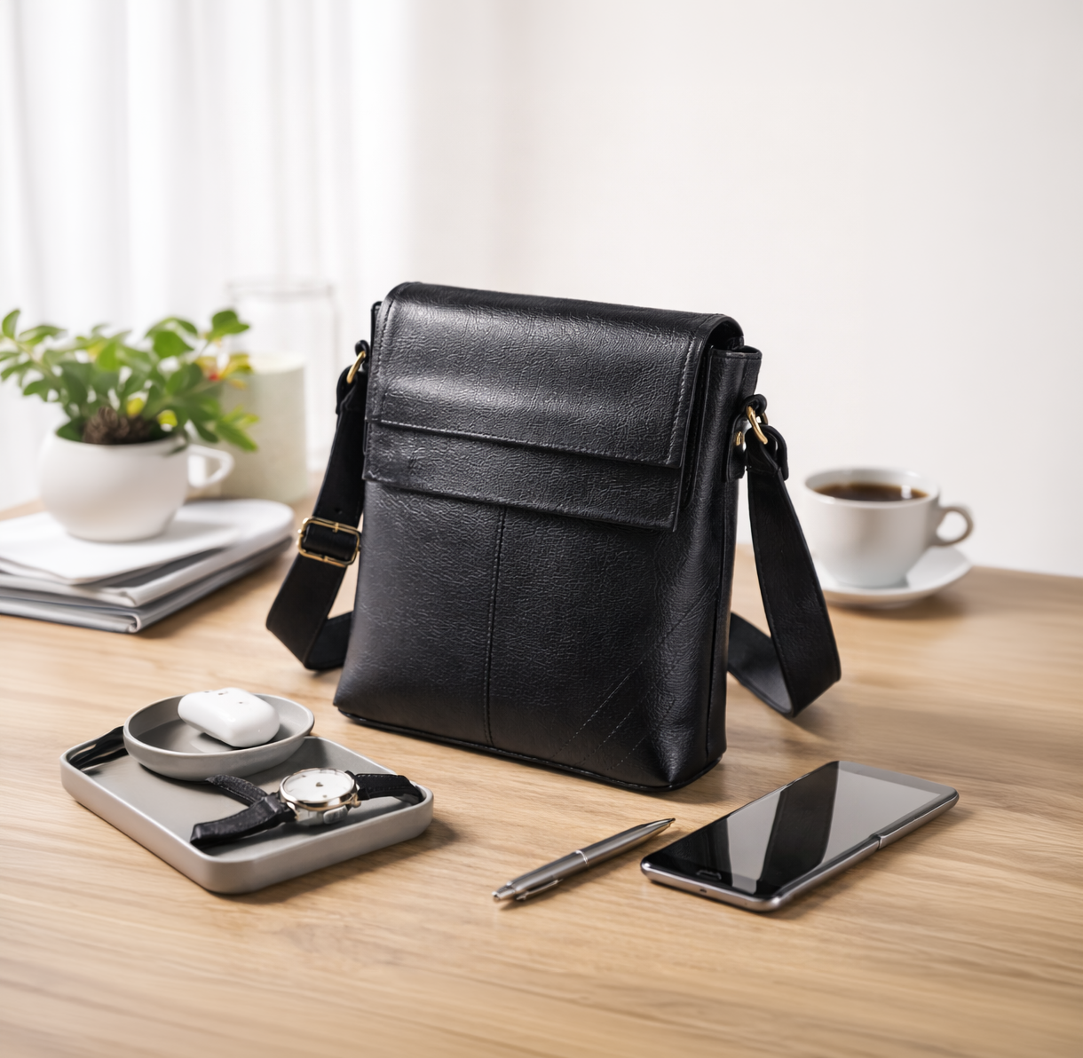 Classic Black Leather Office Sling Bag