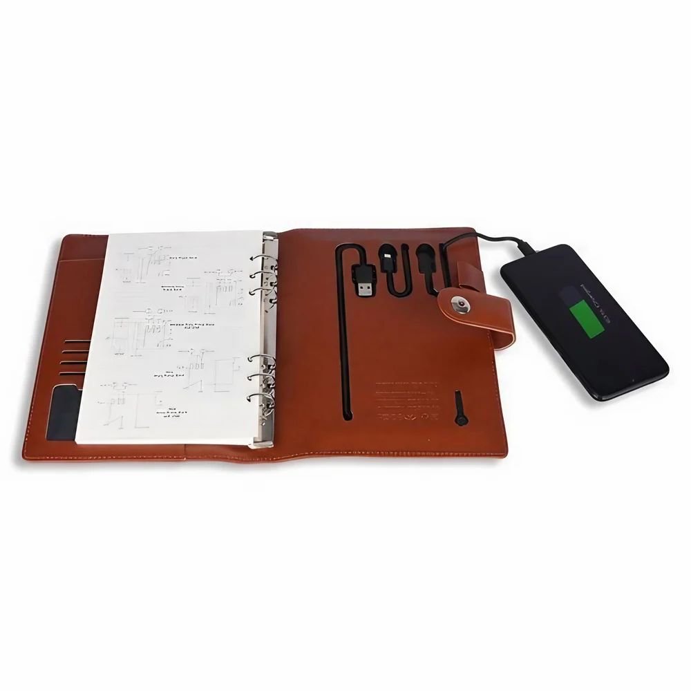 Brown Pu Leather Button Diary with Power Bank