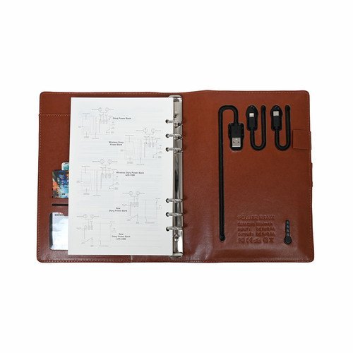 Brown Pu Leather Button Diary with Power Bank